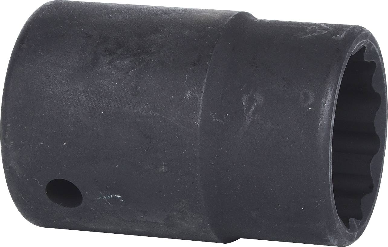 A black socket attachment with a knurled inner edge and a side hole, likely used for tools or machinery.