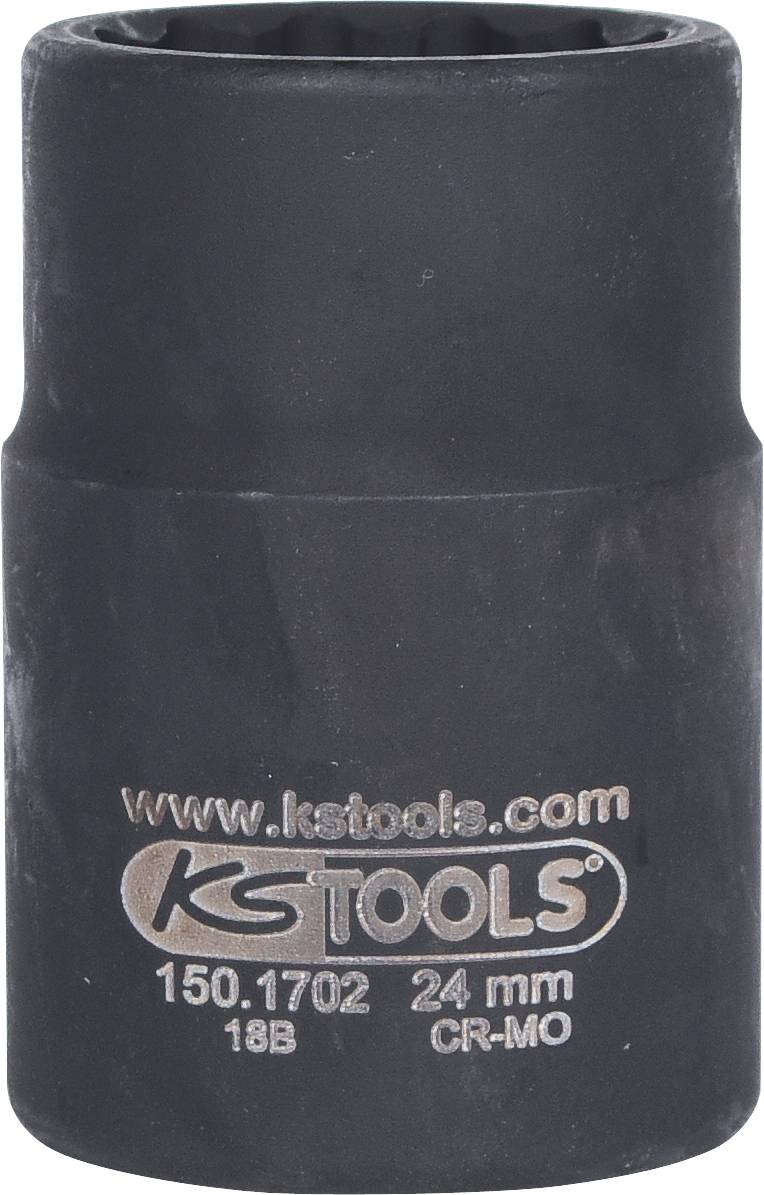 Black socket with inscription 'www.kstools.com KS TOOLS 150.1702 24 mm CR-MO 18B', suitable for mechanical work.