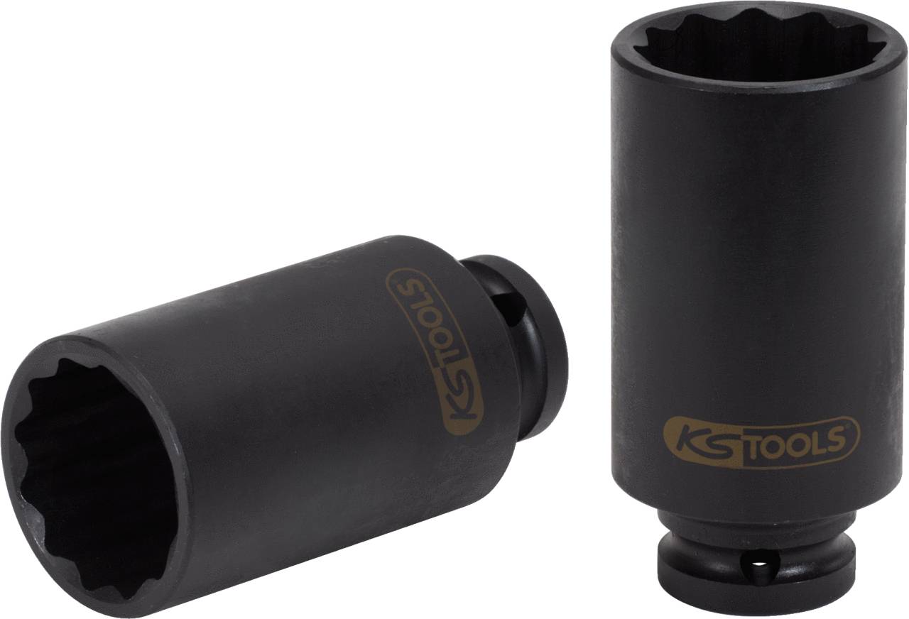Two black hexagonal socket nuts with 'KS Tools' inscription. One nut is standing upright, the other is lying on its side.