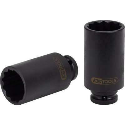 Two black hexagonal socket nuts with 'KS Tools' inscription. One nut is standing upright, the other is lying on its side.