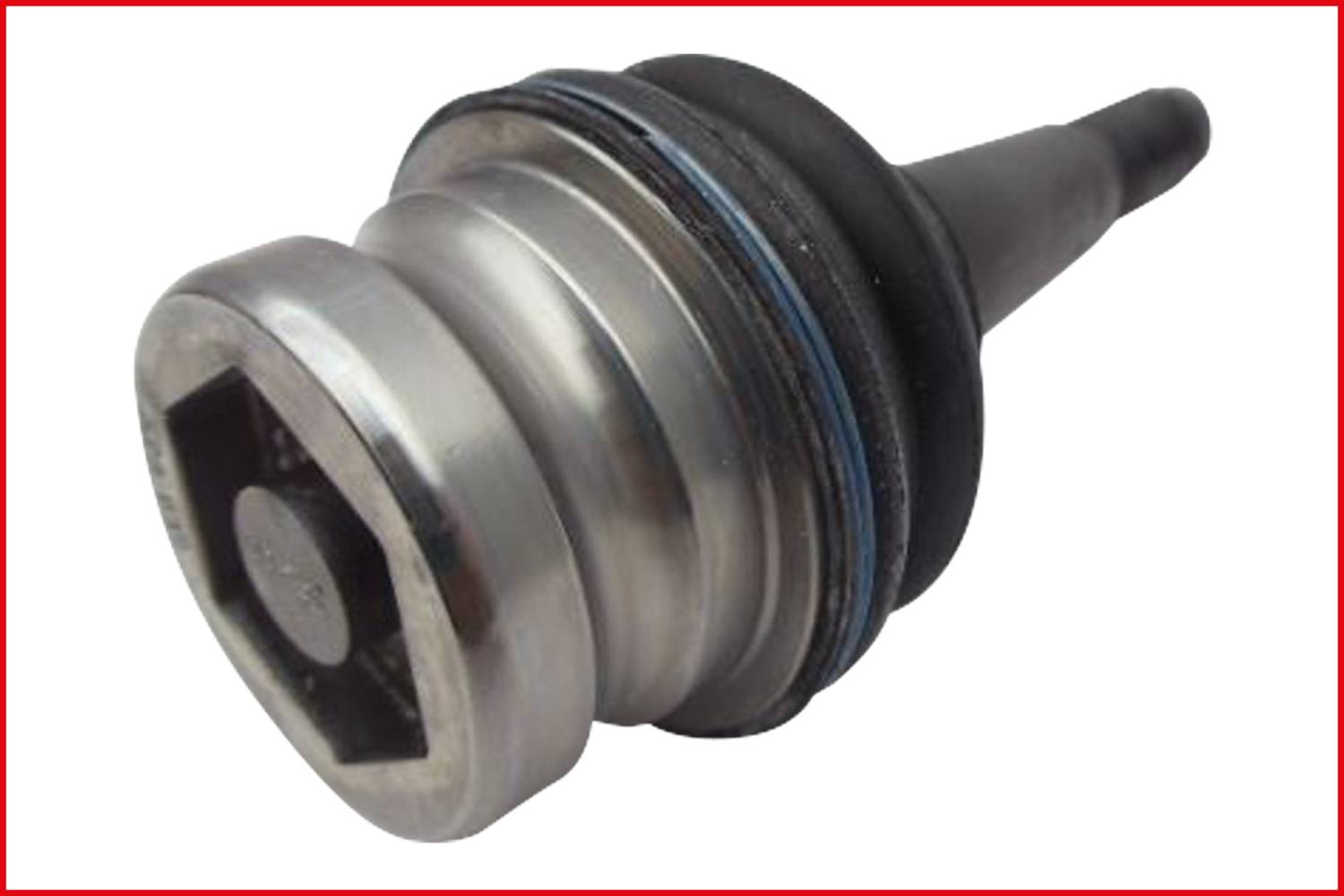 Cylindrical metallic automotive component with a black rubber connection, potentially a vehicle coupling part.