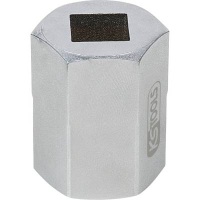A silver tool attachment with a hexagonal shape and square opening, suitable for use with screws or nuts.