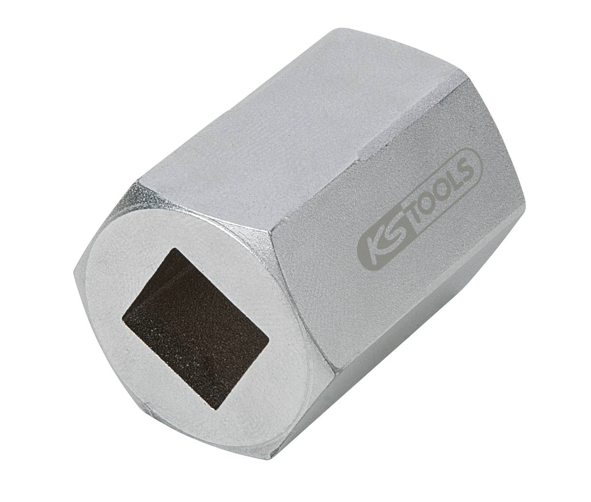 Metallic torque adapter with hexagonal external side and square aperture for attachment to a torque wrench.