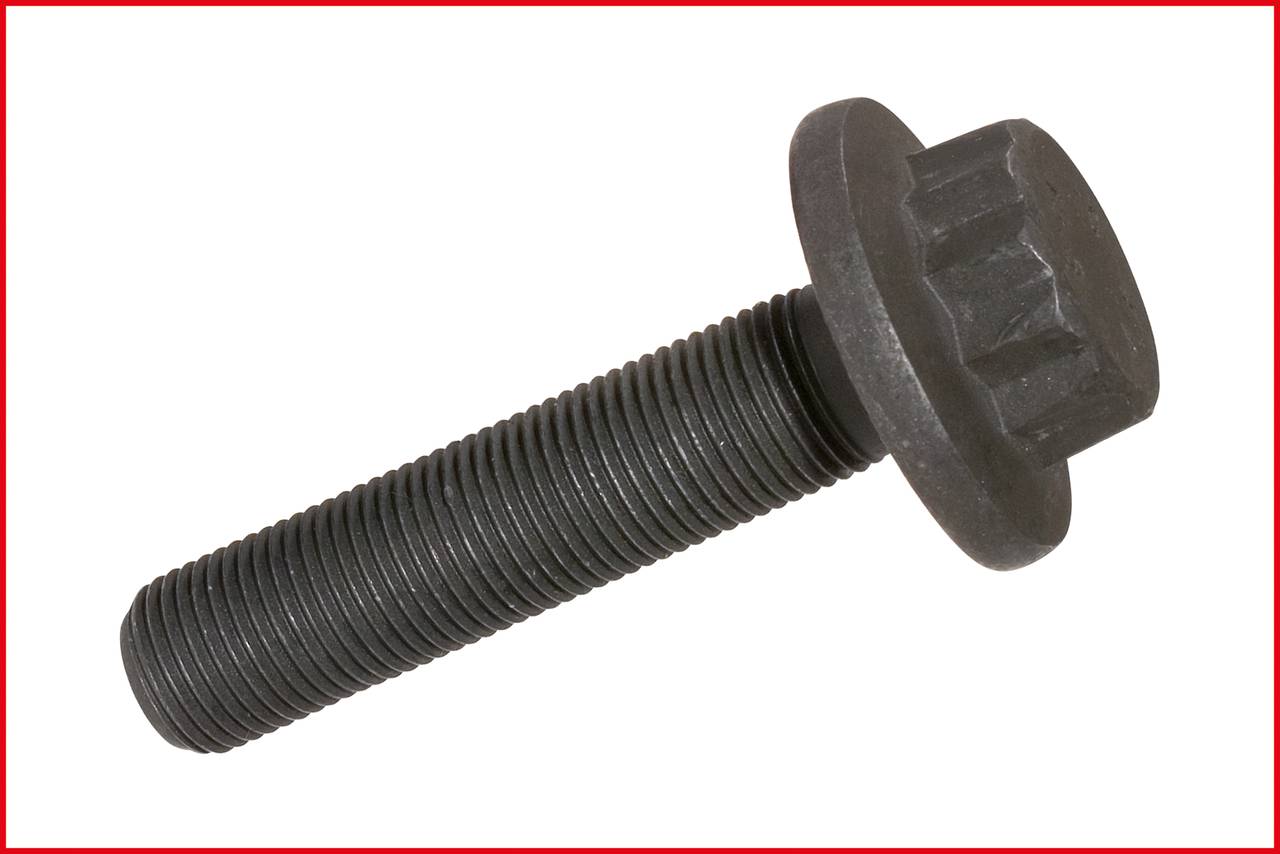 A hexagonal metal screw with a wide head and thread, on a white background. It is used for fastening components.