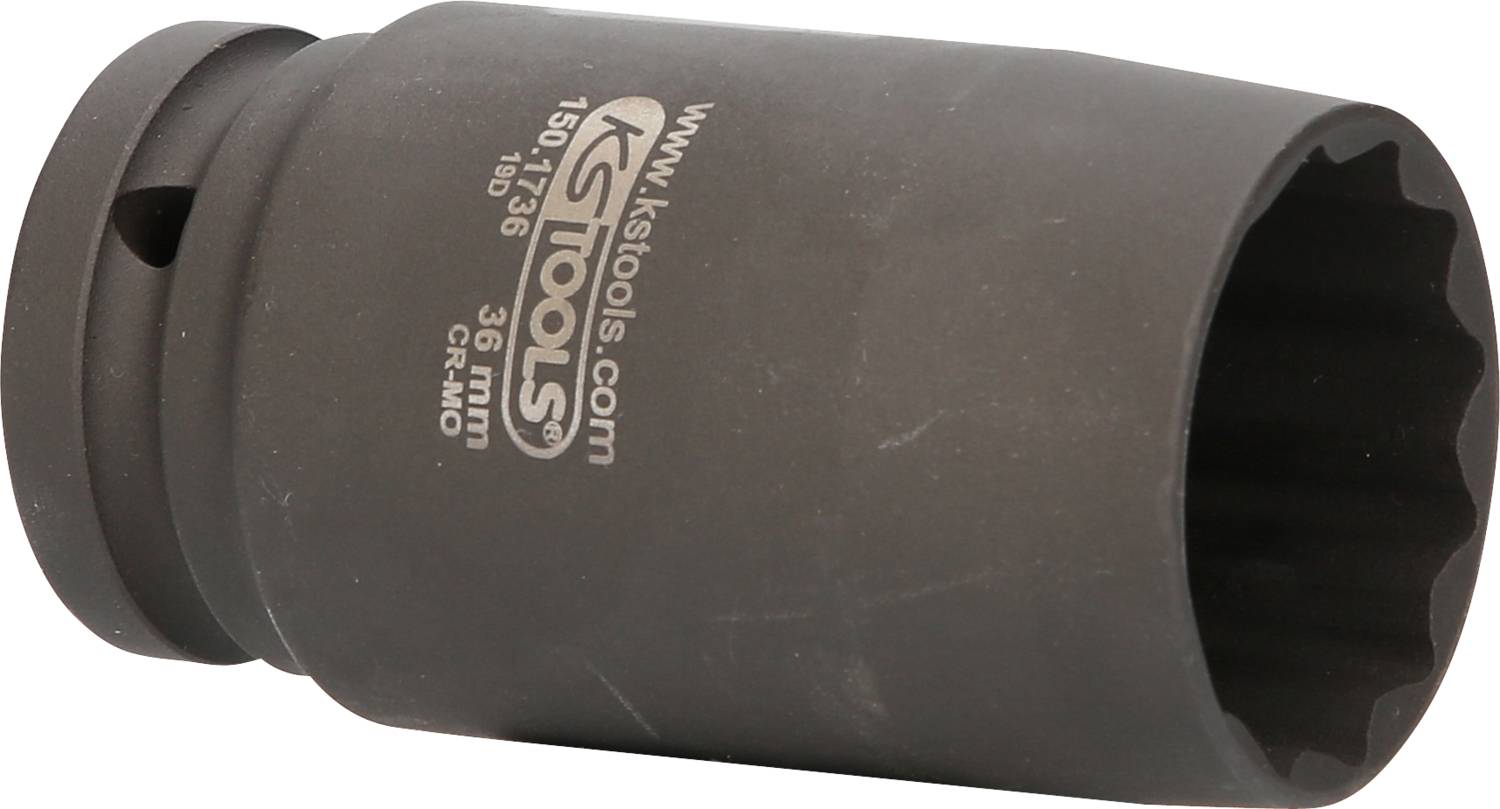 Metal socket with marked surface, labelled 'KG tools', 36 mm size, for use with spanners.