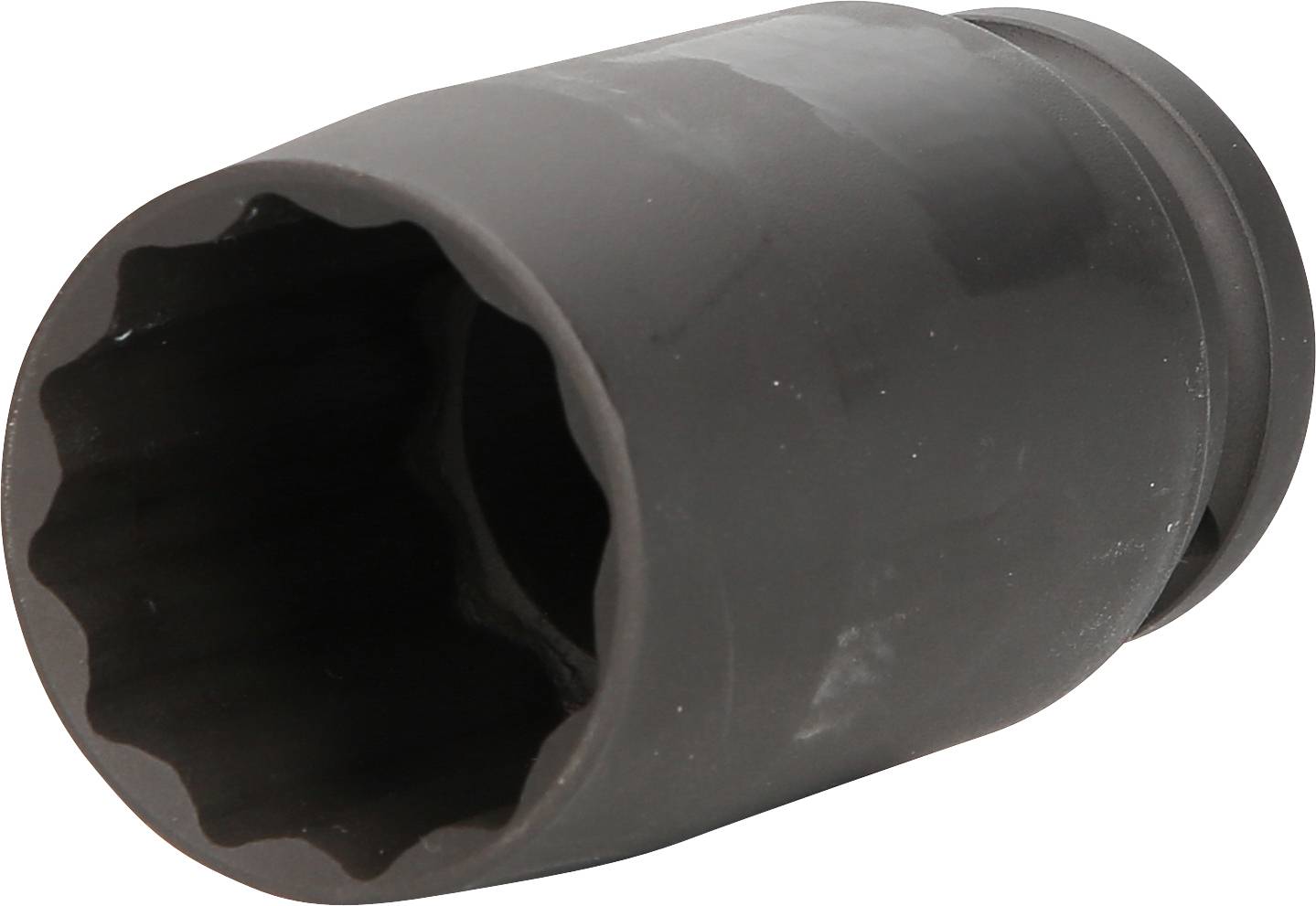 Black, cylindrical socket nut with an internal profile for screws, used for tightening or loosening nuts and bolts.