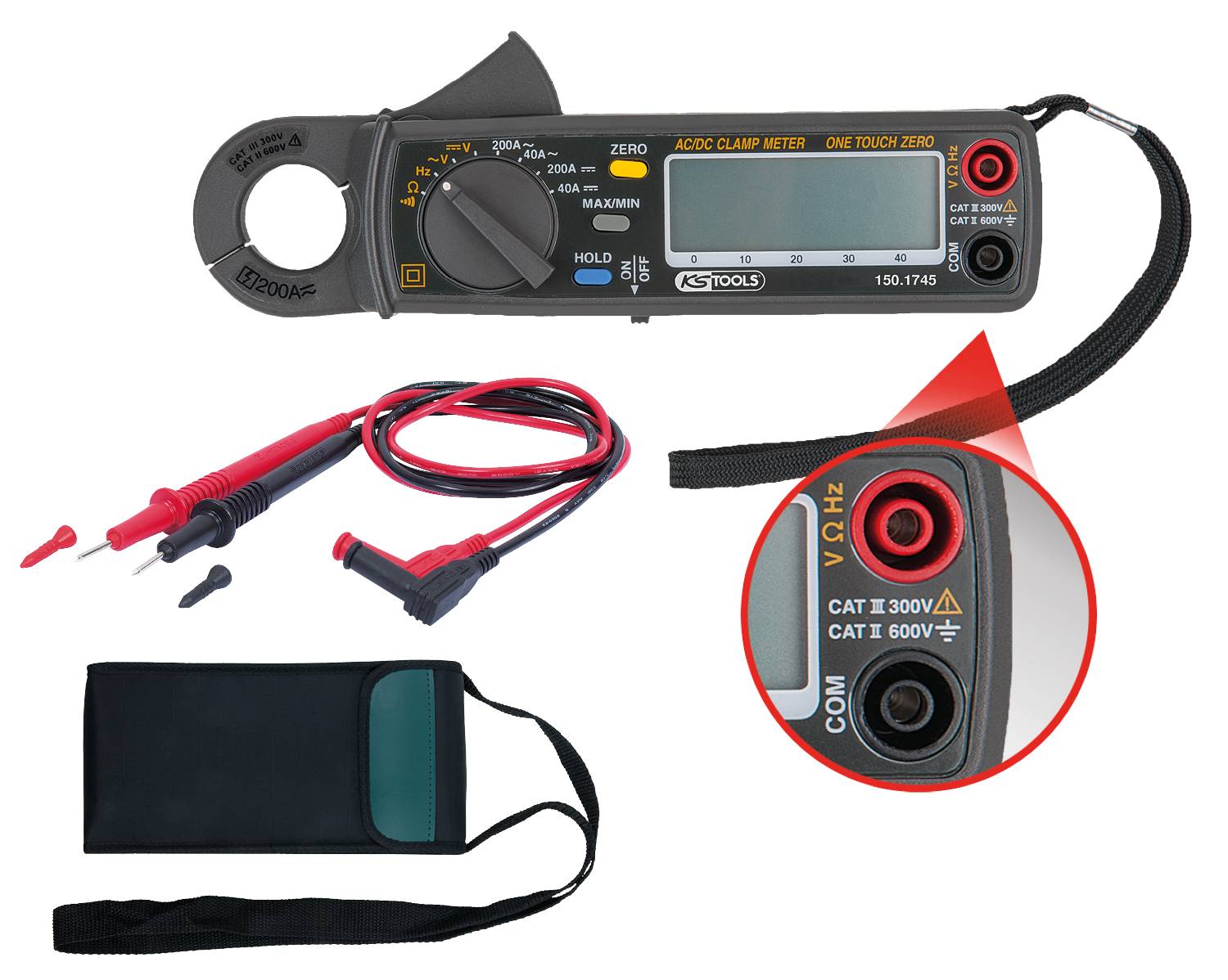 'Digital AC/DC clamp multimeter with cables and case, suitable for measurements up to 600V, CAT III 300V, CAT II 600V.'