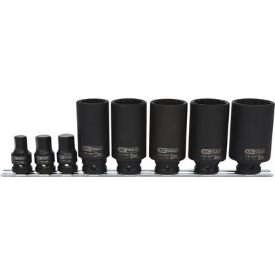 A set of seven black socket spanners in various sizes on a metal rail.