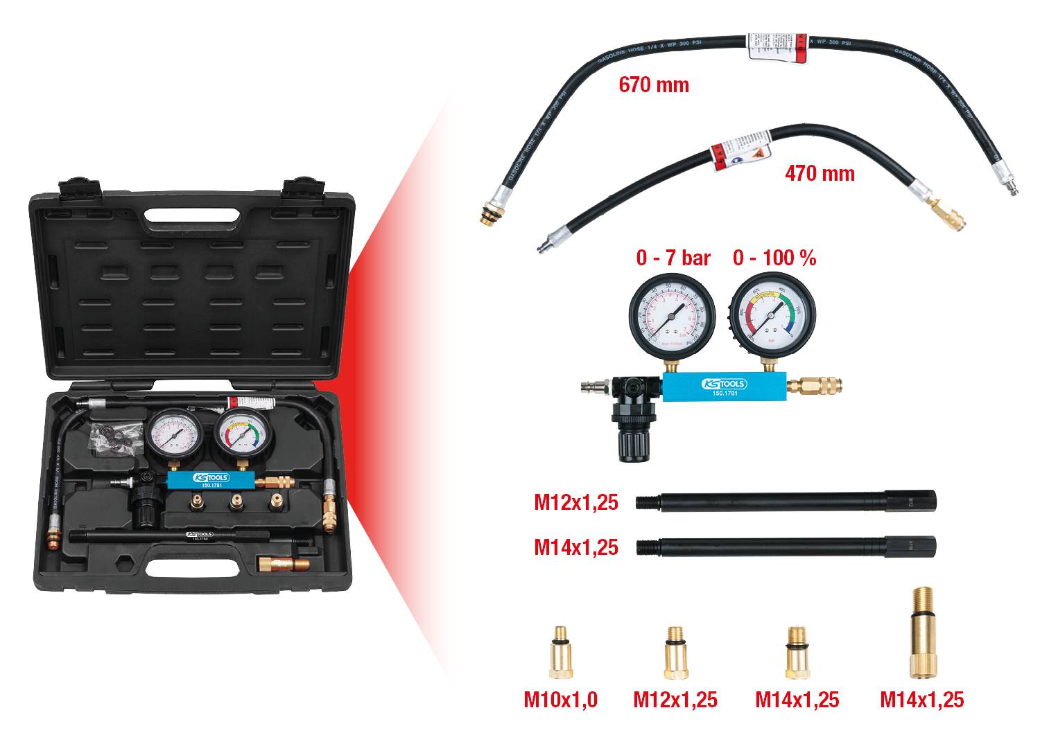'Cylinder Pressure Testing Kit: Open case with manometers, hoses (470 mm and 670 mm), extensions and adapters (M10x1.0, M12x1.25, M14x1.25).'