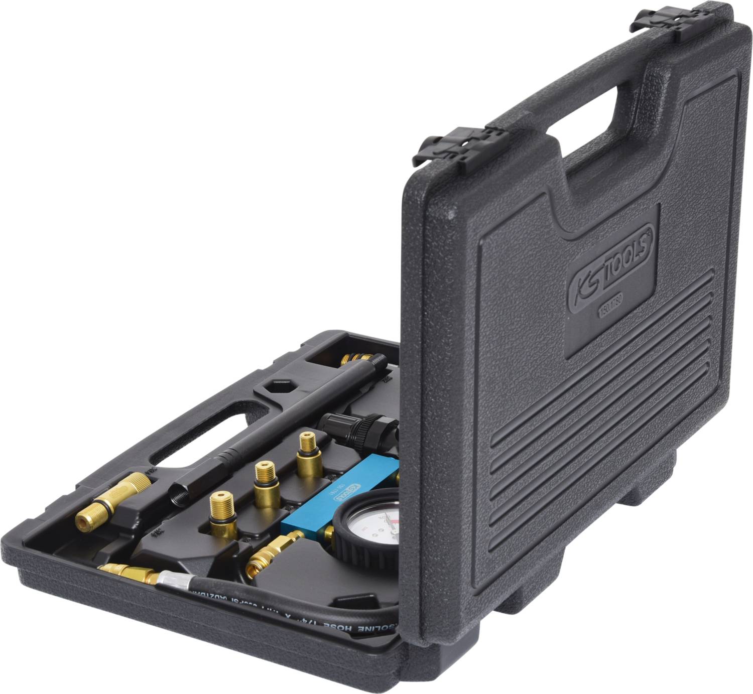 'Opened toolbox with mechanical tools; contains measuring instruments, hoses and connectors, suitable for vehicle maintenance.'