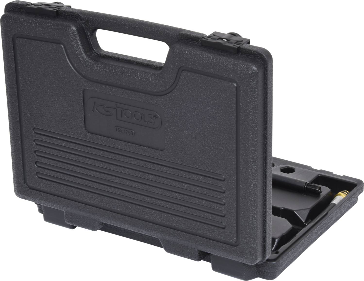 Black plastic tool case, half-open, with carry handle. 'KS Tools' logo visible on the front.