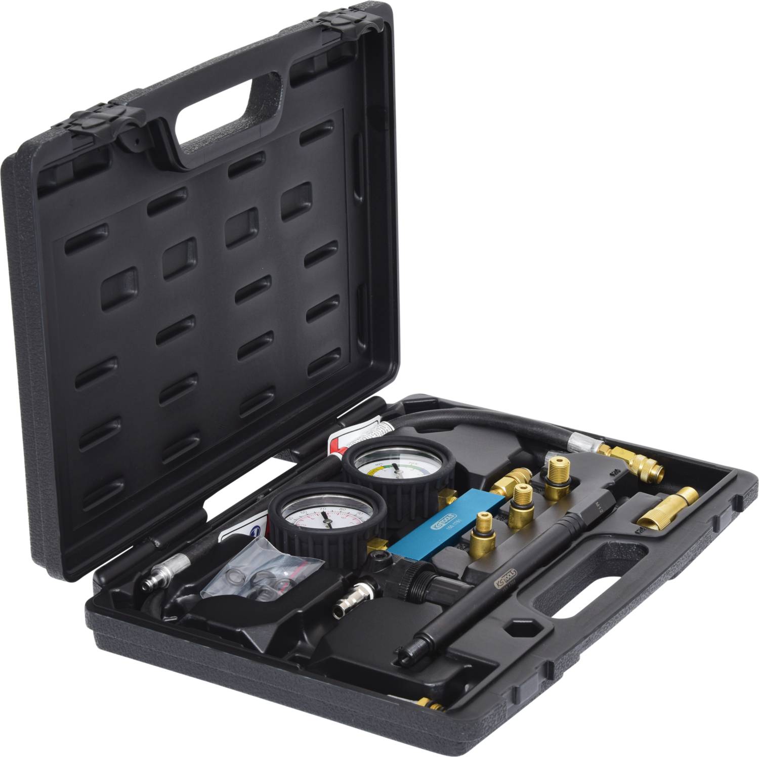 A black tool case is open, displaying various tools and measuring instruments, including pressure gauges and connection fittings.