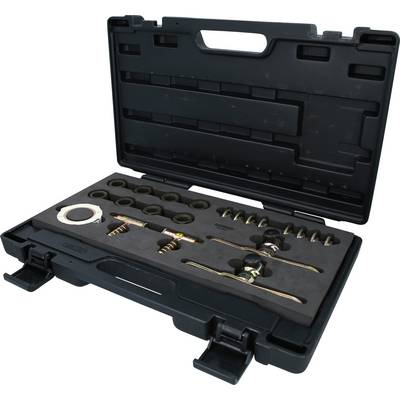 'Open black toolbox with various tools and accessories, organised in moulded compartments for easy removal.'