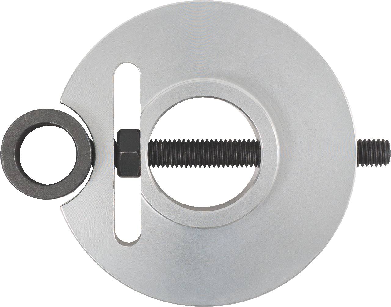 A metal tool with a round body and a central screw. A retaining ring is located on the left side. Likely used for adjustment or securing purposes.