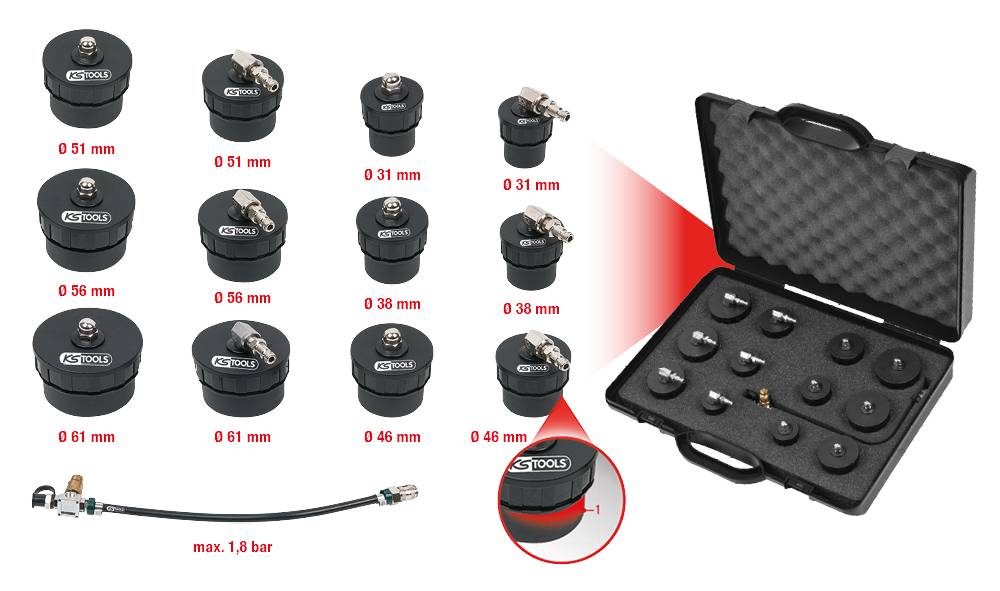 Carrier bag with twelve black sealing plugs in various sizes and a valve. Suitable for pressure testing up to 1.8 bar.