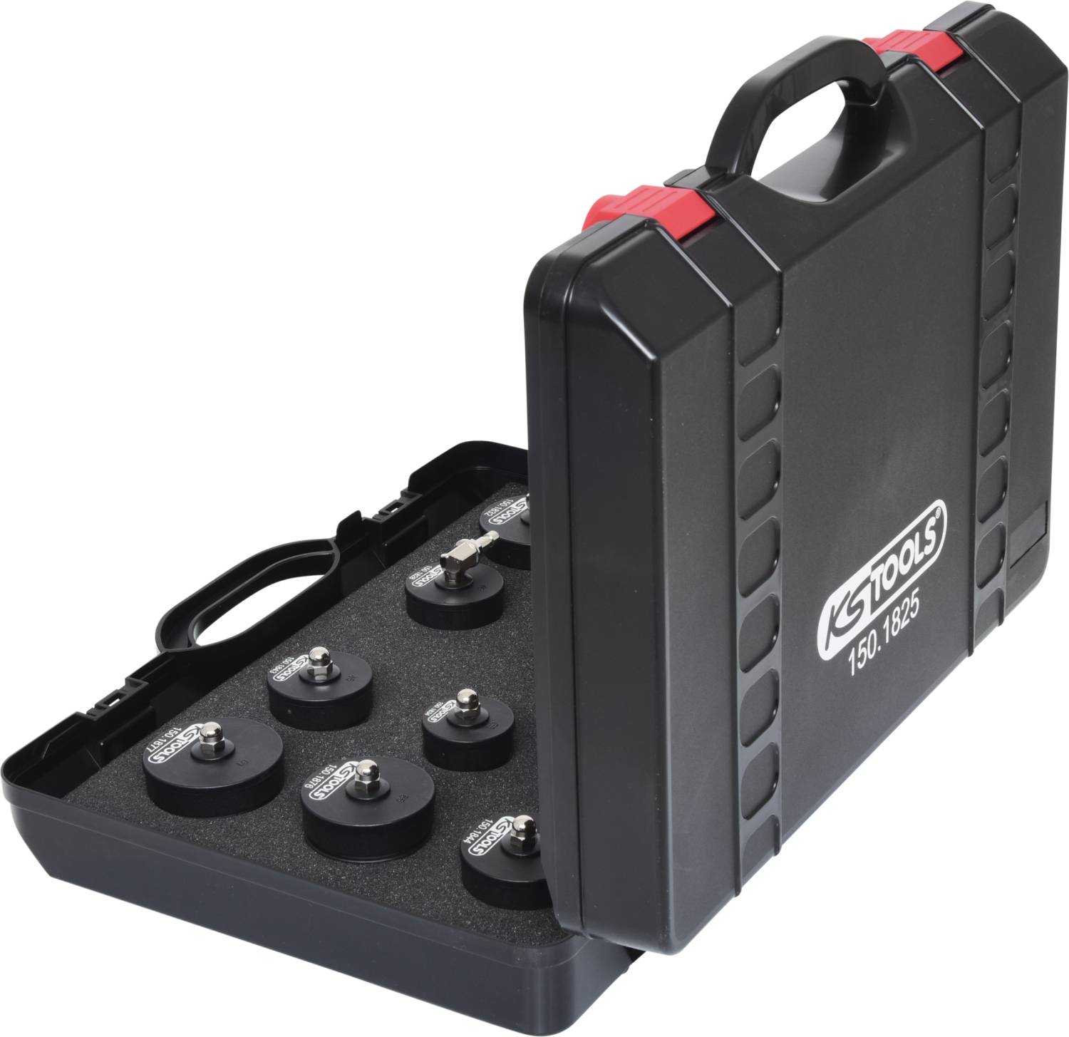 Black tool case by KS Tools, opened, with several round metal parts on foam insert. Ideal for precision work.