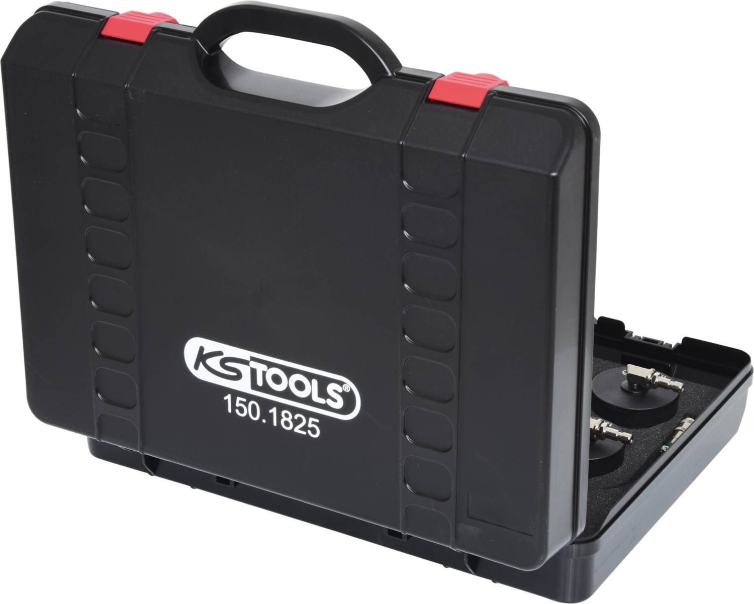 Black tool case with red fastening, partially open. 'KS TOOLS 150.1825' printed on the front. Contains round adapter.