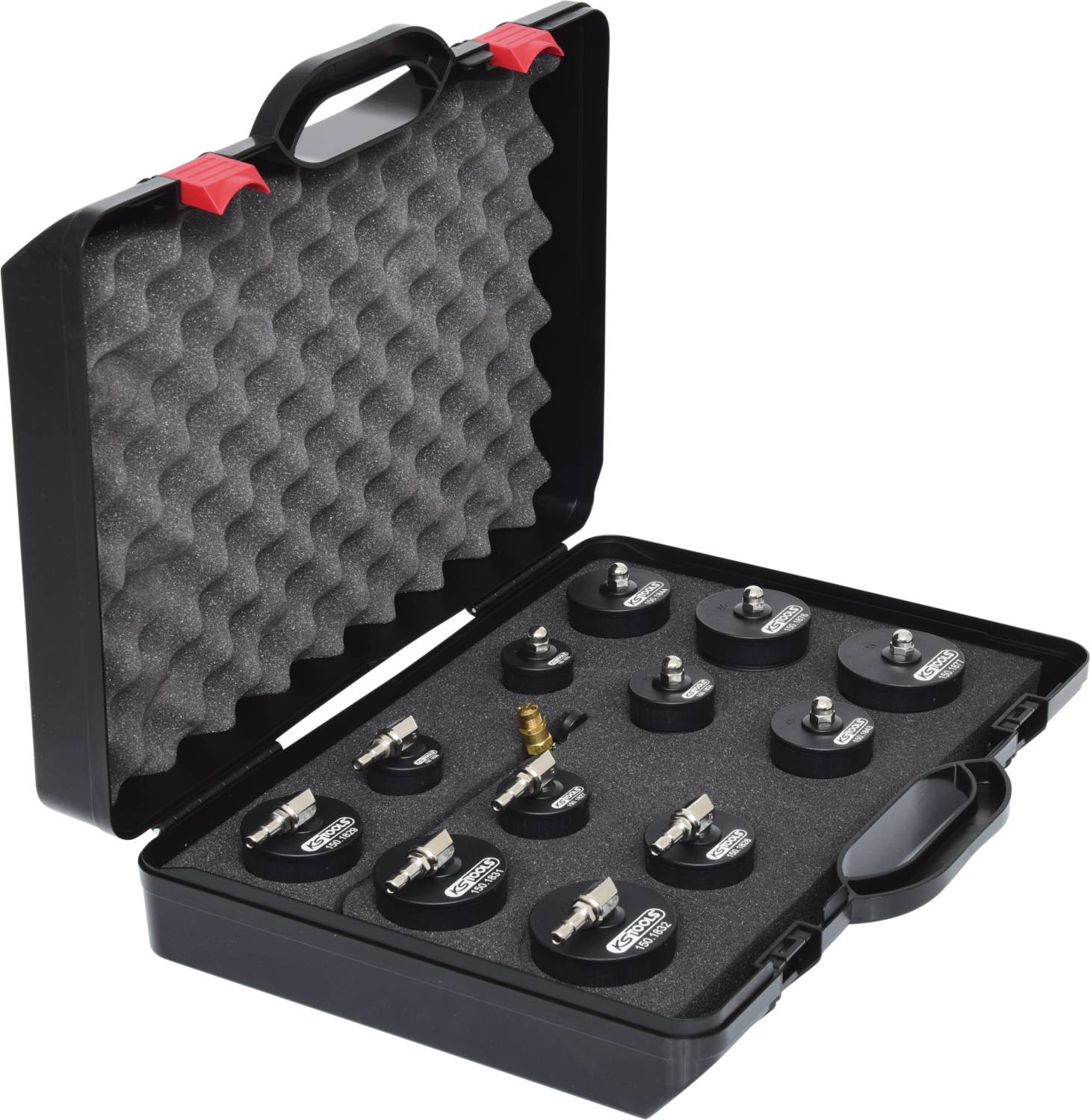 Open black suitcase with foam lining, containing eleven metal connection pieces of various shapes for pressure testing.
