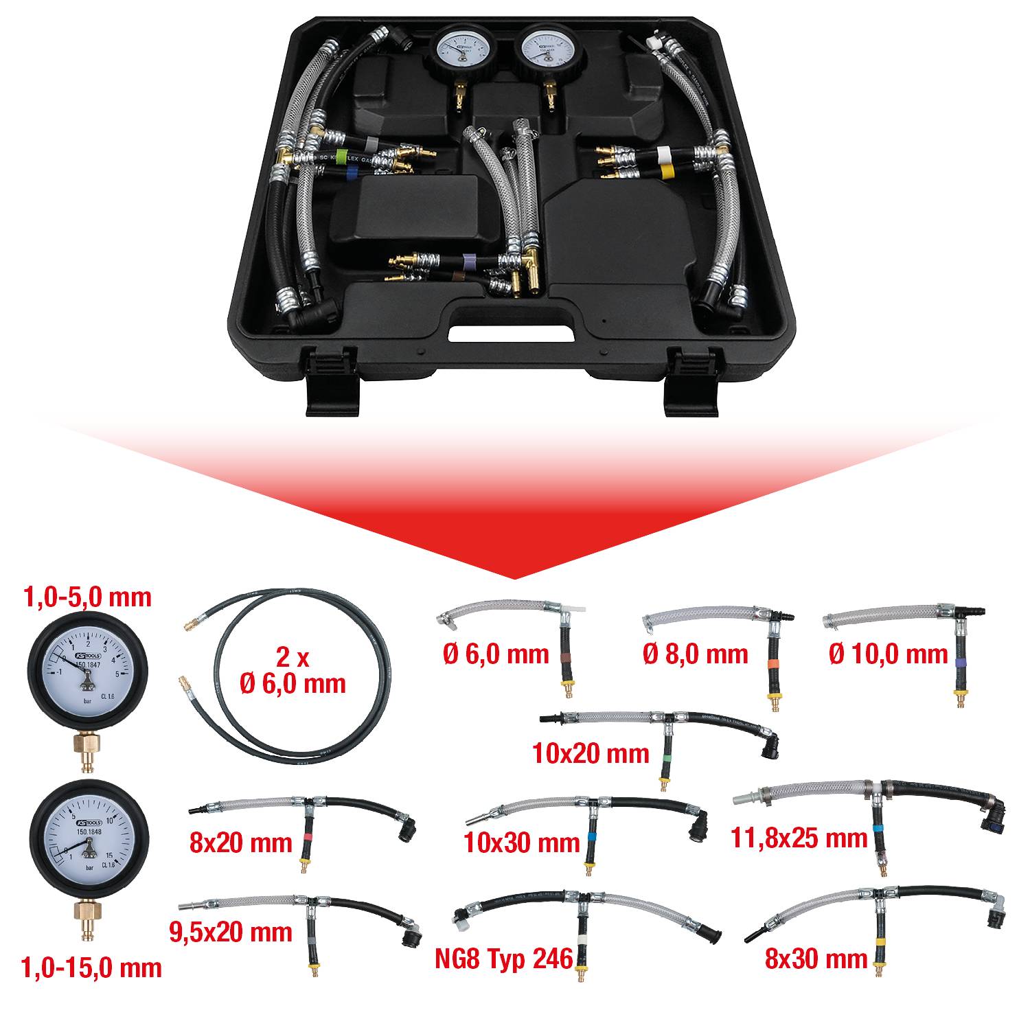'Black case with manometers and tubes on top. Below are adapters in various sizes from 6 mm to 15 mm.'
