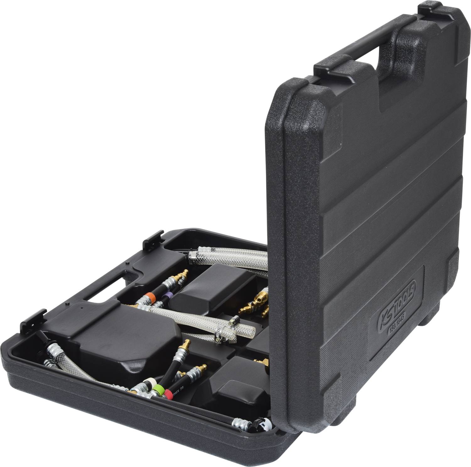 An opened black plastic case with technical connectors and tubes, likely for professional repairs.