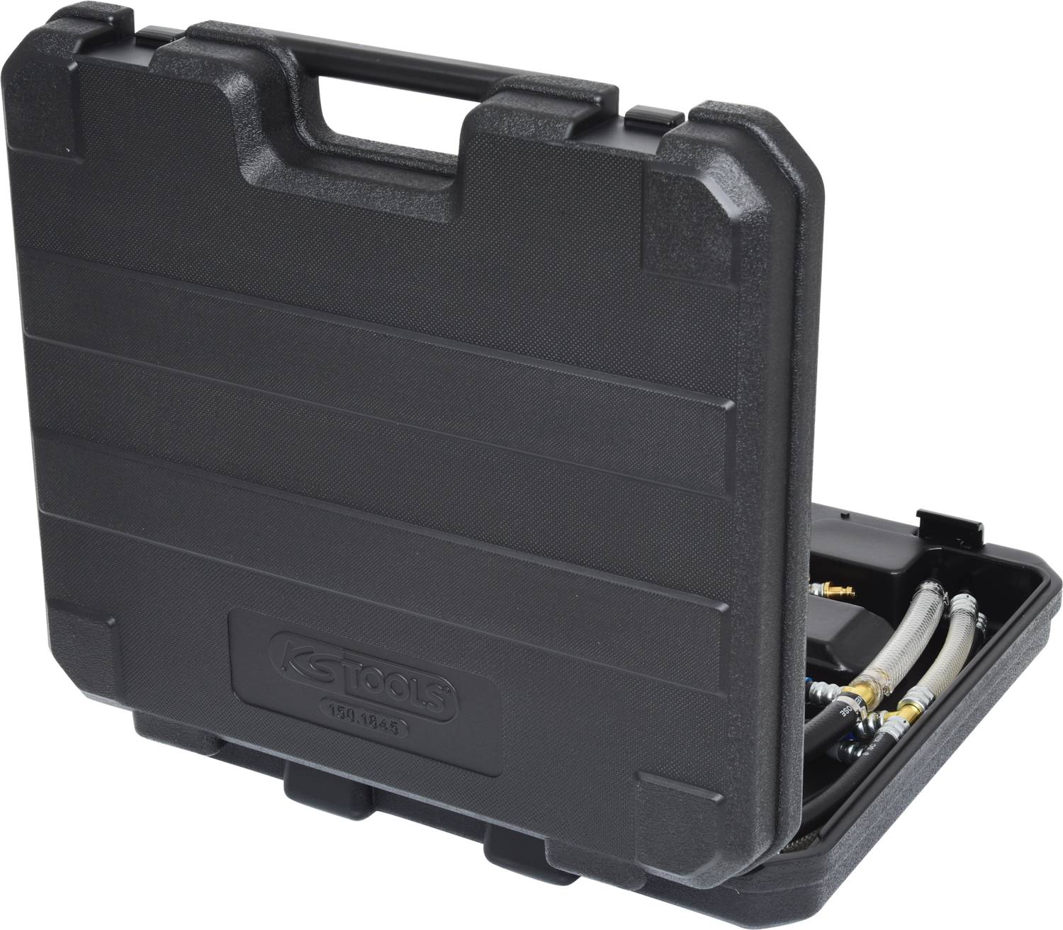 Black plastic tool case, slightly open, showing hoses and accessory parts inside.