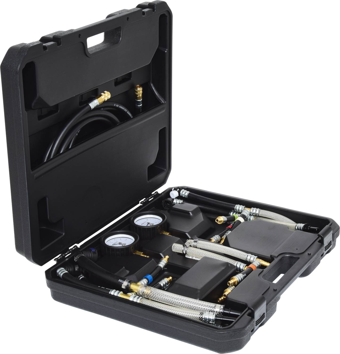 Open black tool case with pressure gauges and hoses, suitable for heating or plumbing installations.