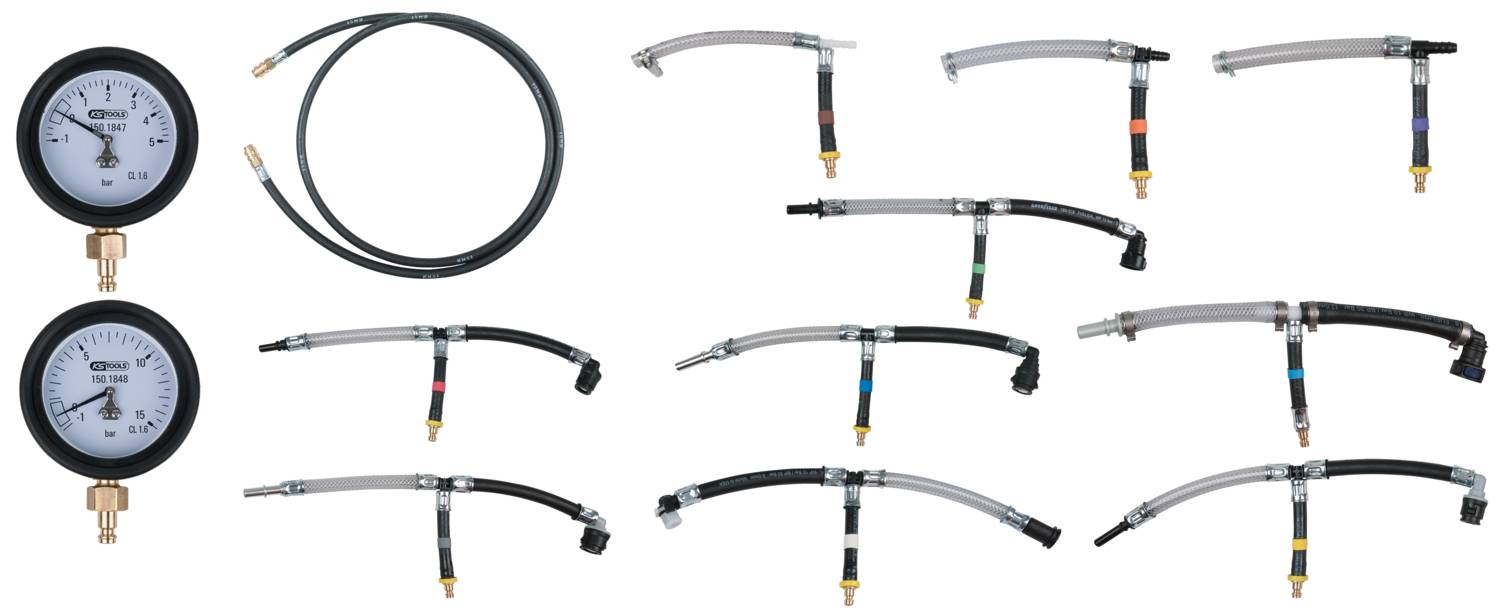 Manometer and various tubes for gas measuring devices, demonstrating different connection types and intended uses.