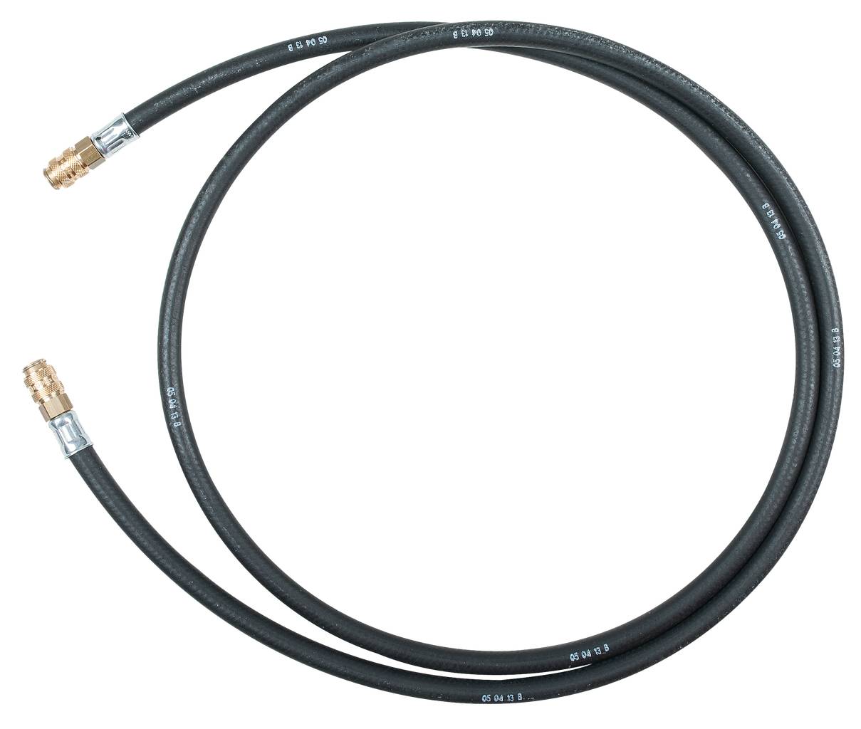A black gas hose with brass fittings, curved in a loose loop, on a white background.