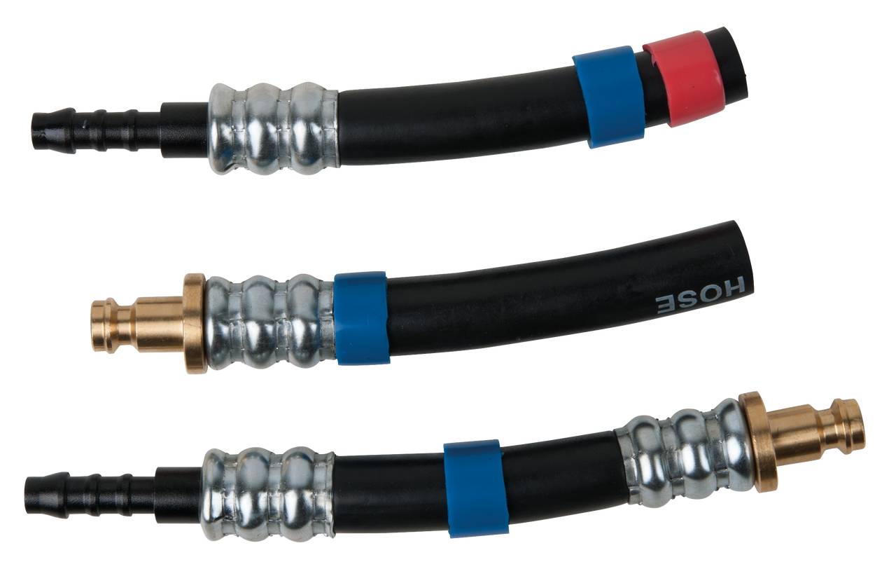 Three black hoses with metal end pieces, colour-coded with red and blue markings, lie side by side on a white background.