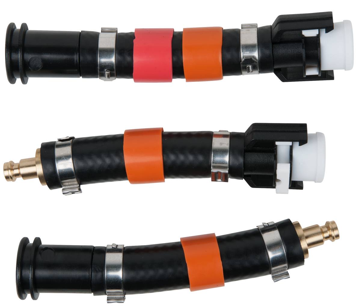 Three black hoses with metal and plastic connectors, each with a coloured marking in red or orange in the middle.