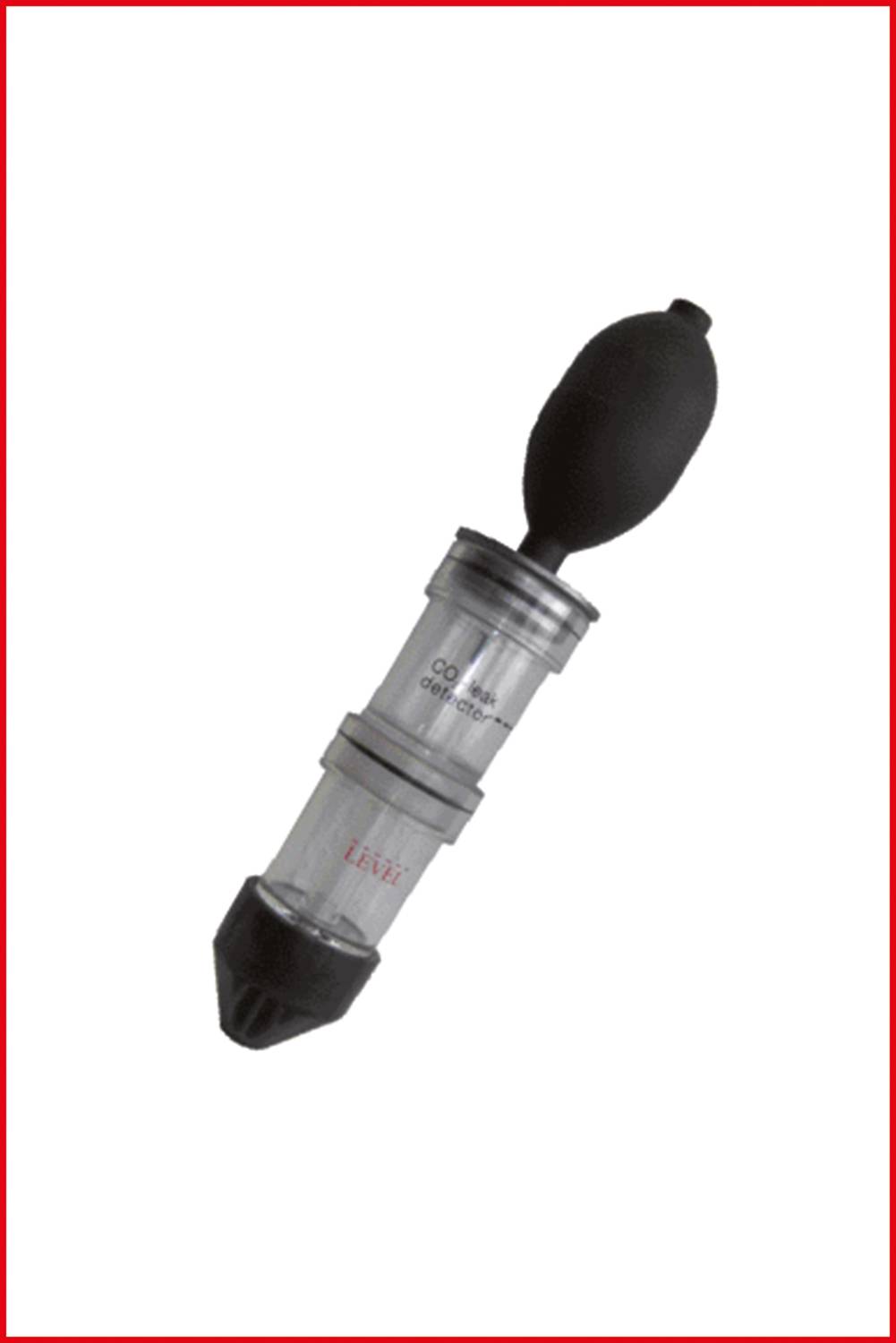 A manual dust blower with a black rubber bulb and transparent cylinder, used for cleaning camera lenses and electronic equipment.