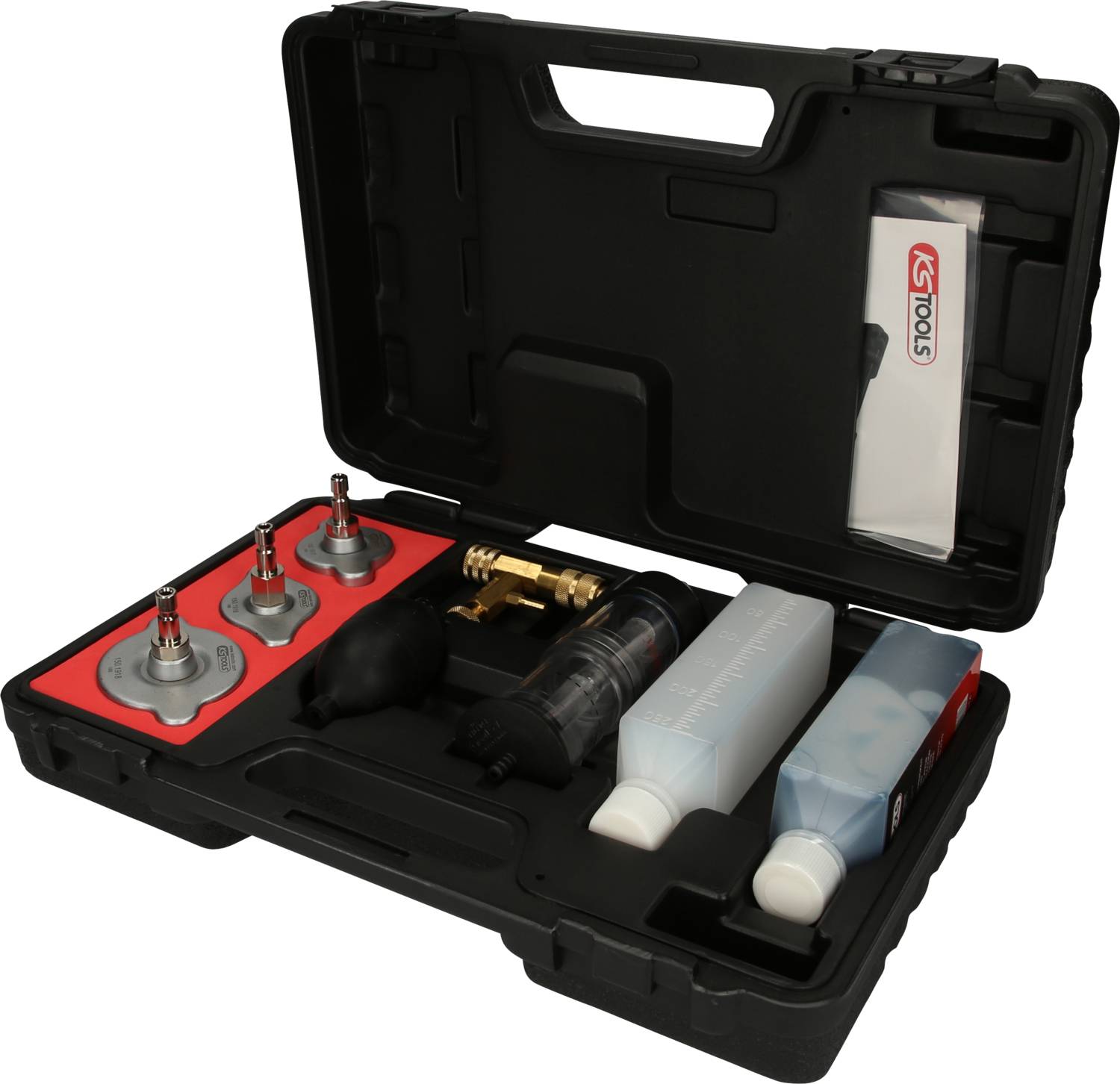 'Black tool case with open lid, filled with various tools and accessories in organised compartments.'