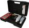 'Black tool case with open lid, filled with various tools and accessories in organised compartments.'