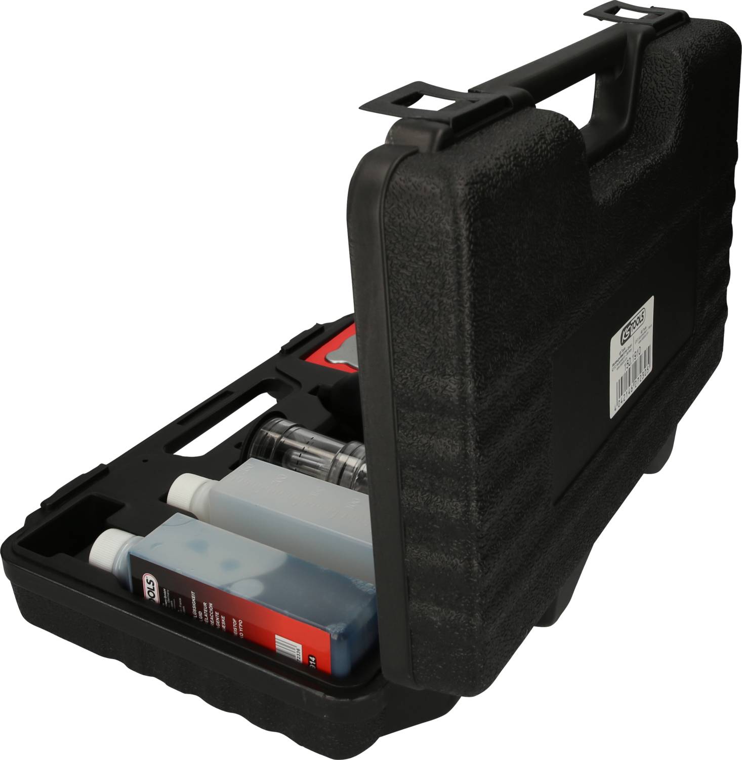 An opened black toolbox with multiple compartments. Inside are two bottles and several tools or accessories.