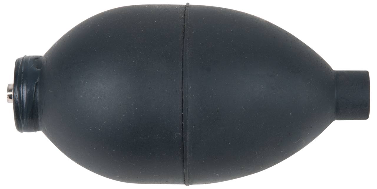 A black rubber ball with a smooth, oval shape. Often used in devices such as blood pressure monitors for pumping air.