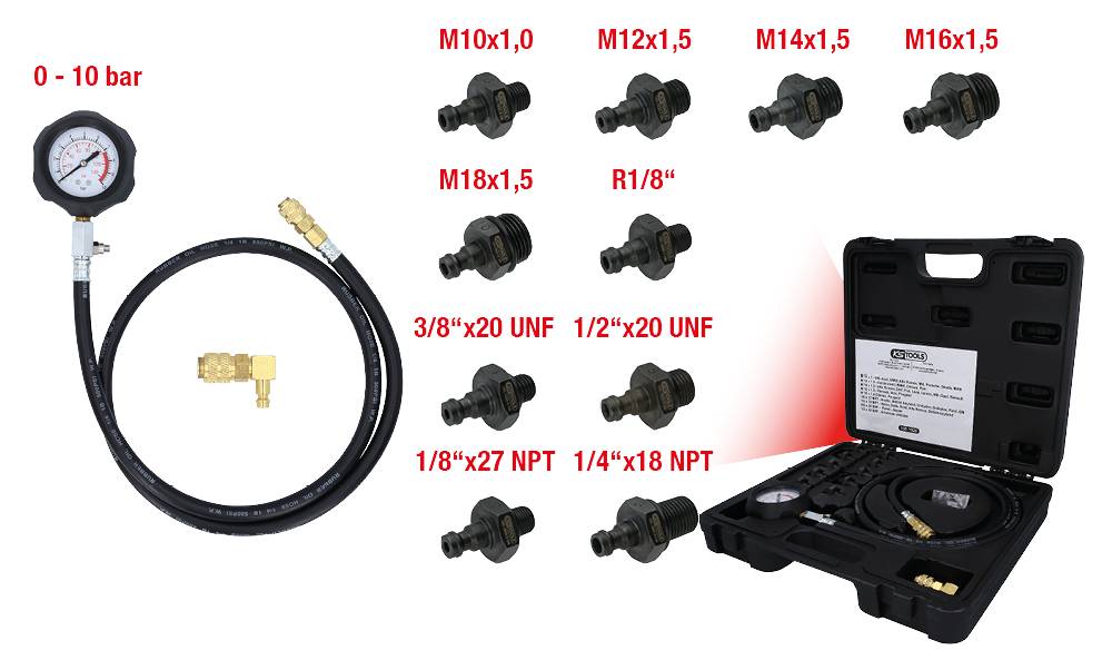 'Pressure testing set with manometer (0-10 bar), hose and various adapter sizes in a carry case for versatile applications.'