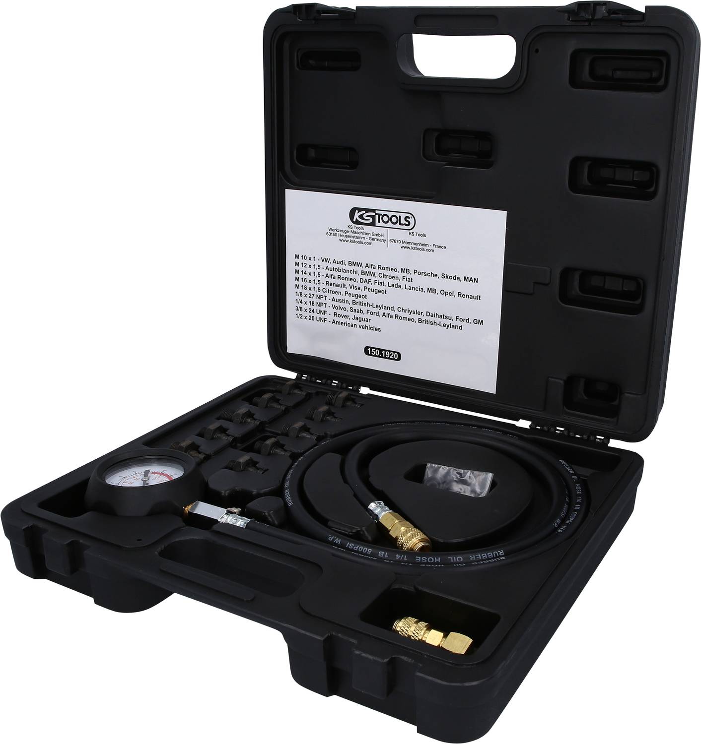 Toolkit for air conditioning diagnostics, containing pressure gauges, hoses and connectors; suitable for various car models.