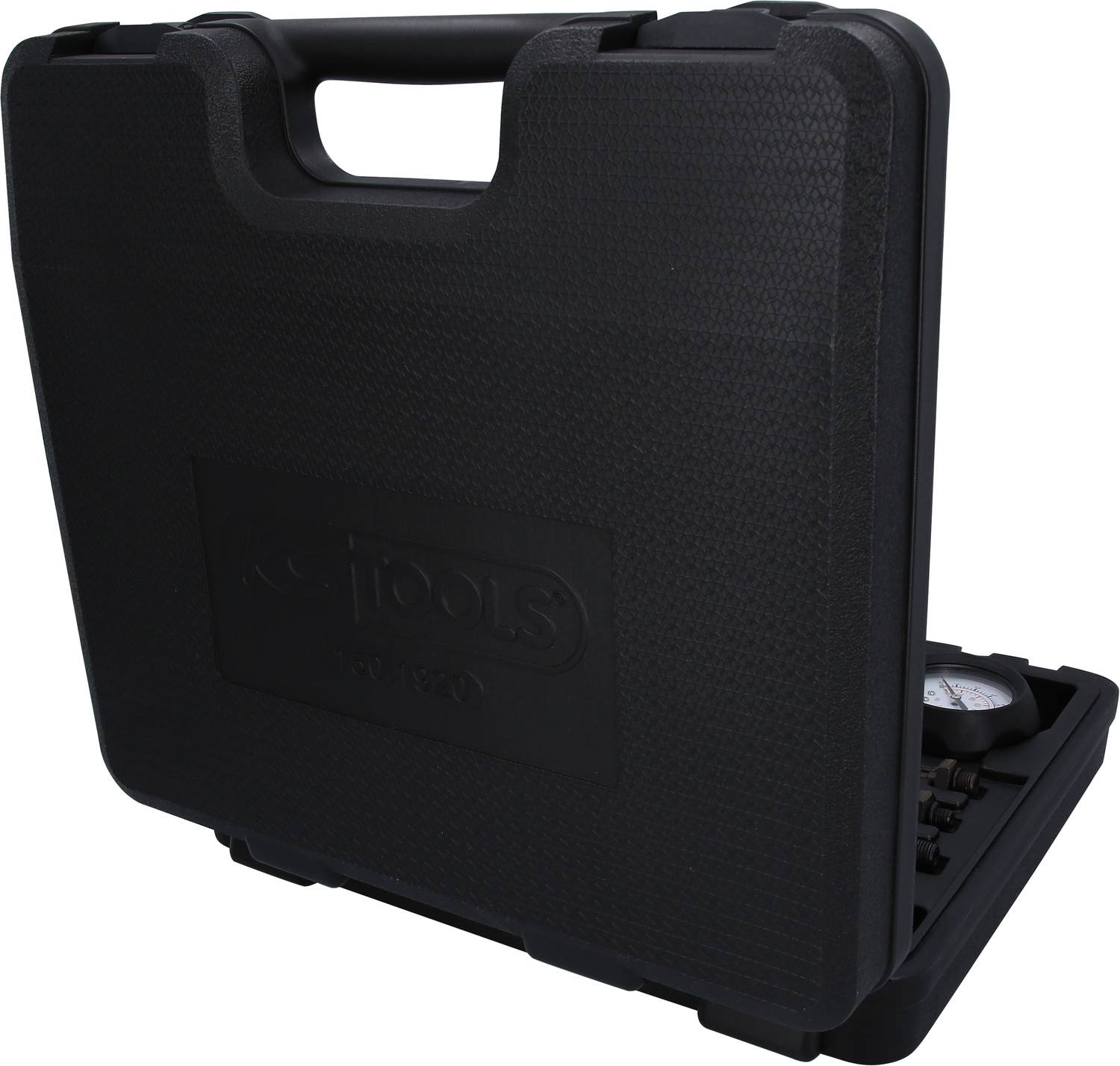 Black, closed tool case with handle, slightly open at one edge.