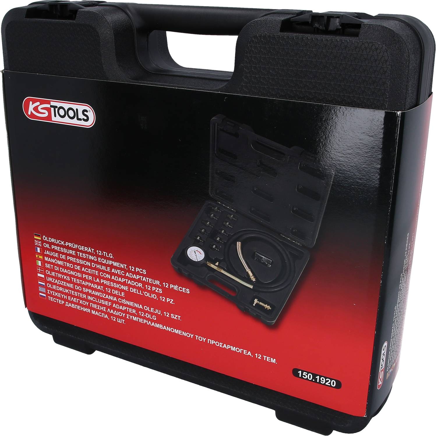 Black tool case with red KS Tools logo, containing a pressure testing set with 12 pieces, shown open inside.