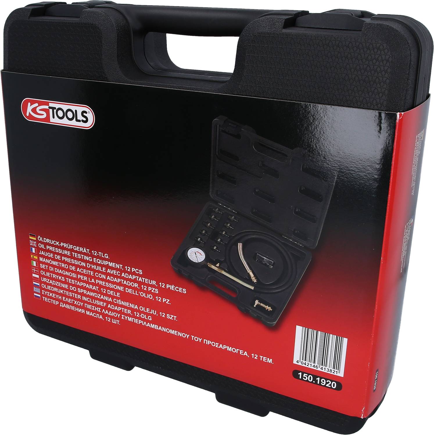 Toolkit with oil pressure testing set, 12-piece. Open set shown, includes pressure gauge and adapters. Manufacturer: KS Tools.