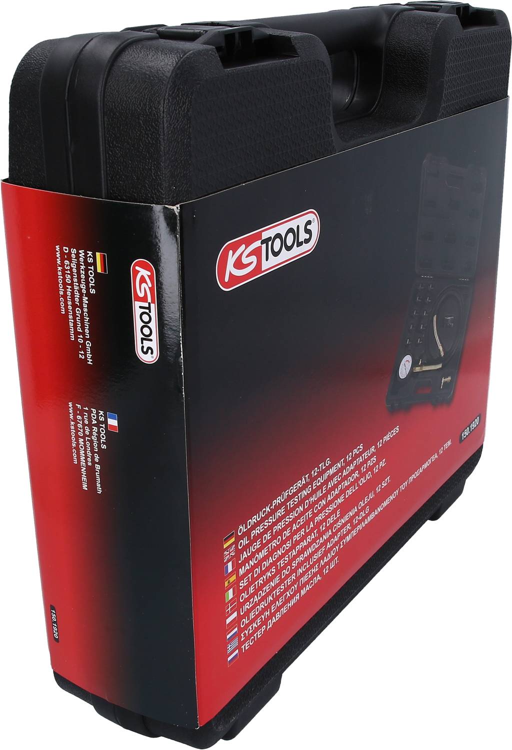 'KS Tools' tool case, black with red label. Contains various tools, carry handle on top, compact storage solution.