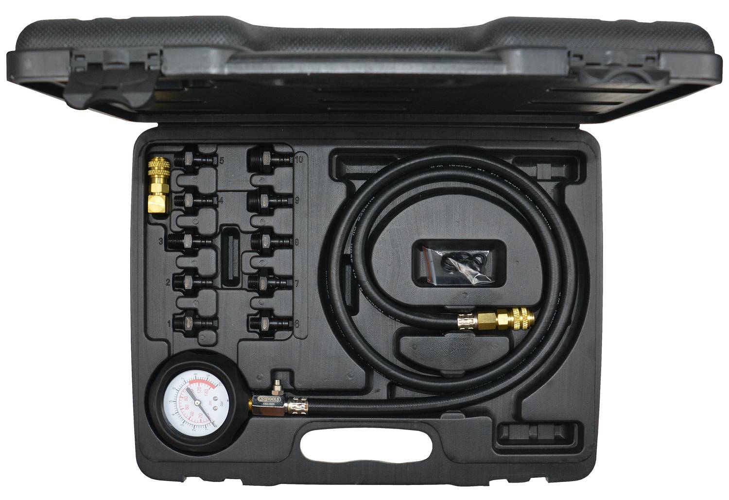 'Pressure testing kit in an open case with pressure gauge, hose and various connectors, used for pressure measurement in vehicles.'