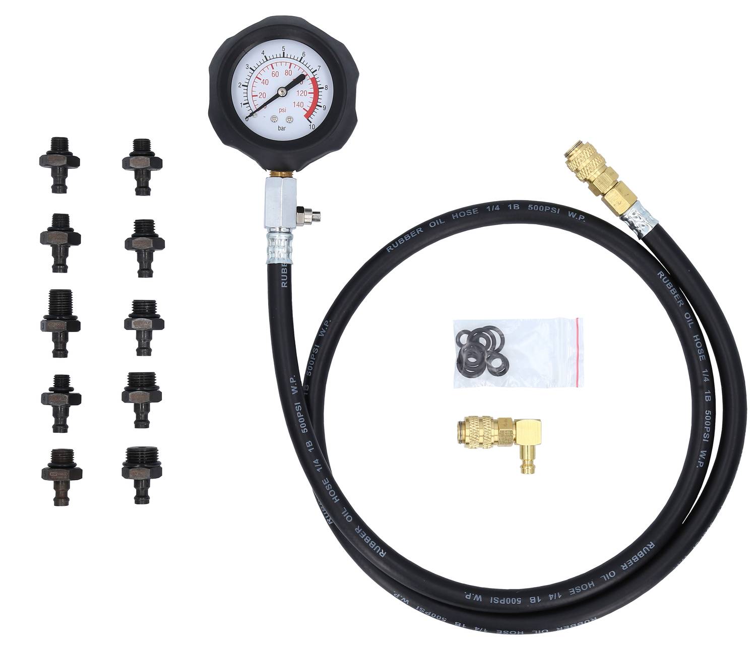 Pressure testing set with pressure gauge, hose and various adapters, for checking pressure in automotive systems.