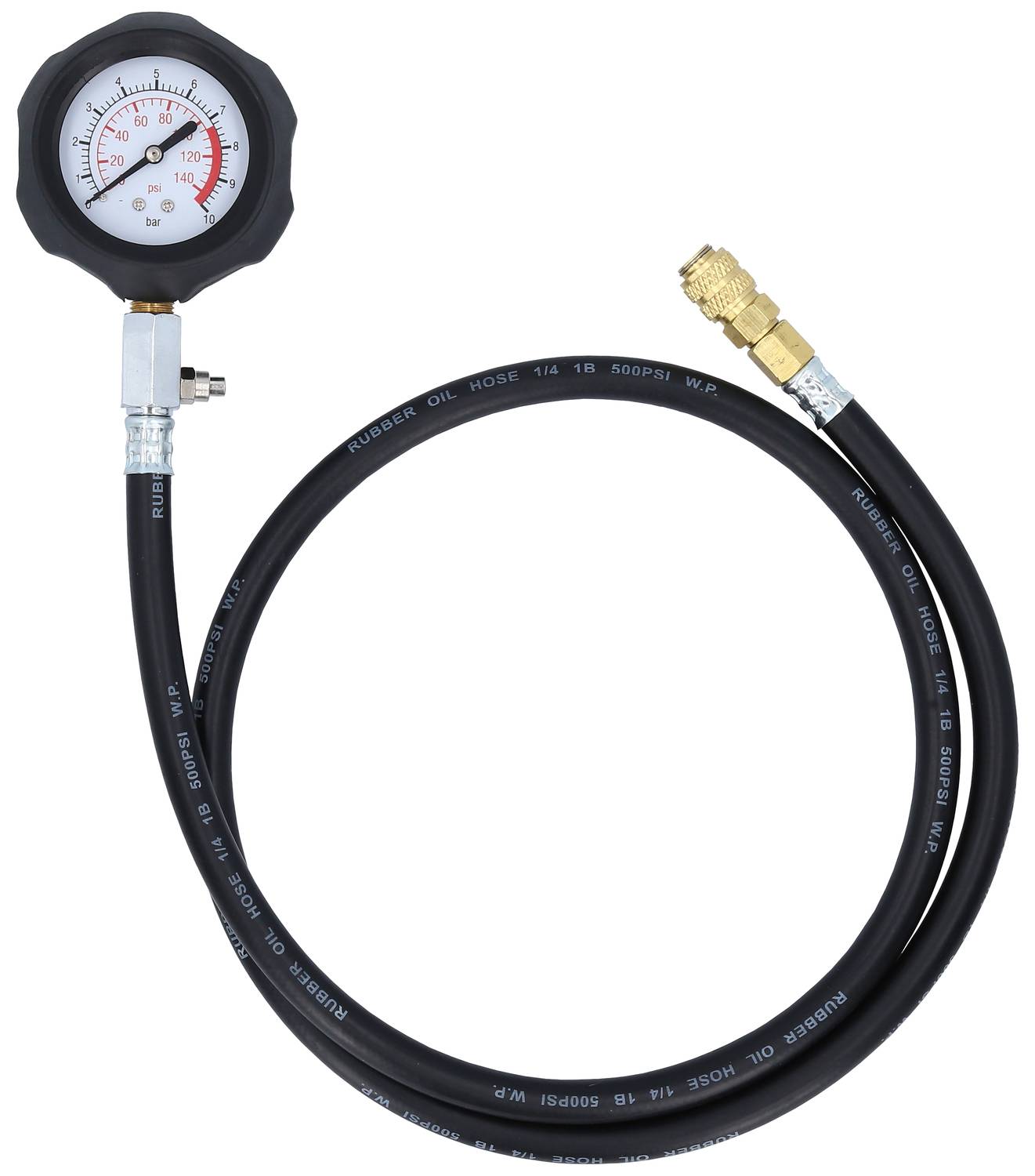 Manometer with black rubber tube and brass connection. Indicates pressure values.