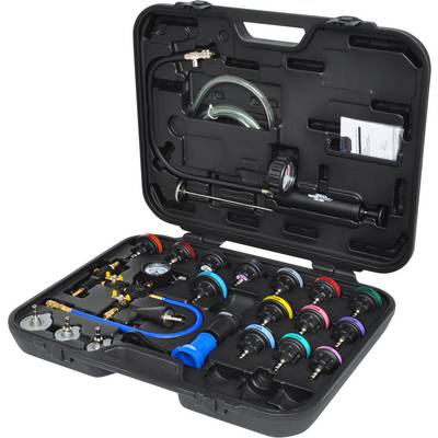 'Vehicle leak testing kit in a case, comprising a pressure measuring device, hoses, and various adapters for vehicle diagnostics.'