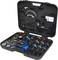 'Vehicle leak testing kit in a case, comprising a pressure measuring device, hoses, and various adapters for vehicle diagnostics.'
