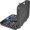 An open tool case with various coloured adapters and tools used for vehicle maintenance or repairs.