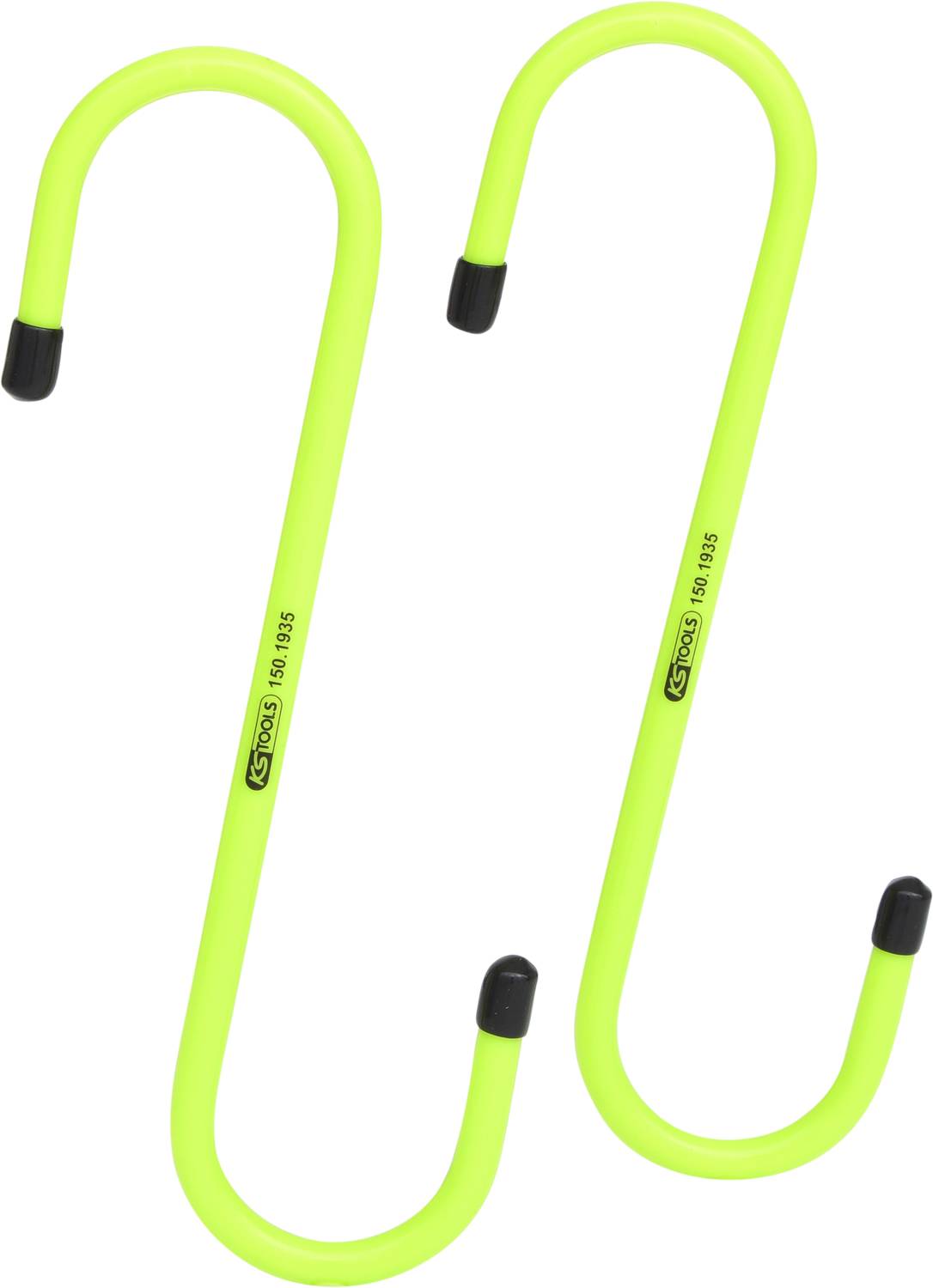 Two neon-yellow S-hooks with black end caps, used for hanging.