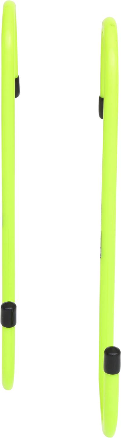 Two parallel neon yellow bars with black clips, presumably sports hurdles, on a white background.