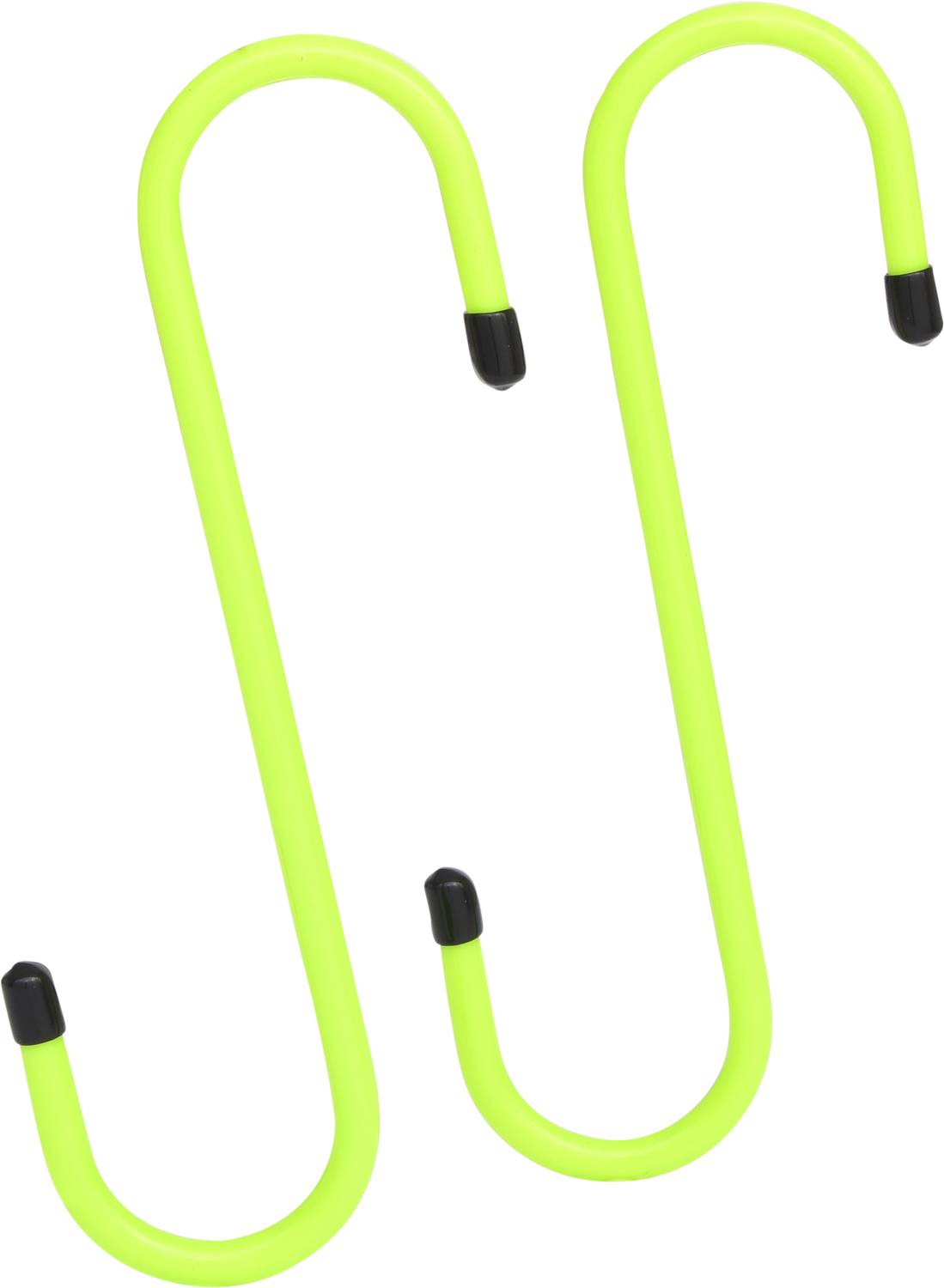 Two bright yellow S-hooks made of plastic with black ends.